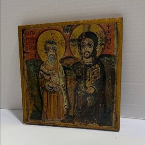 Coptic icon of Christ and Abbot Mena Wooden Plaque Picture